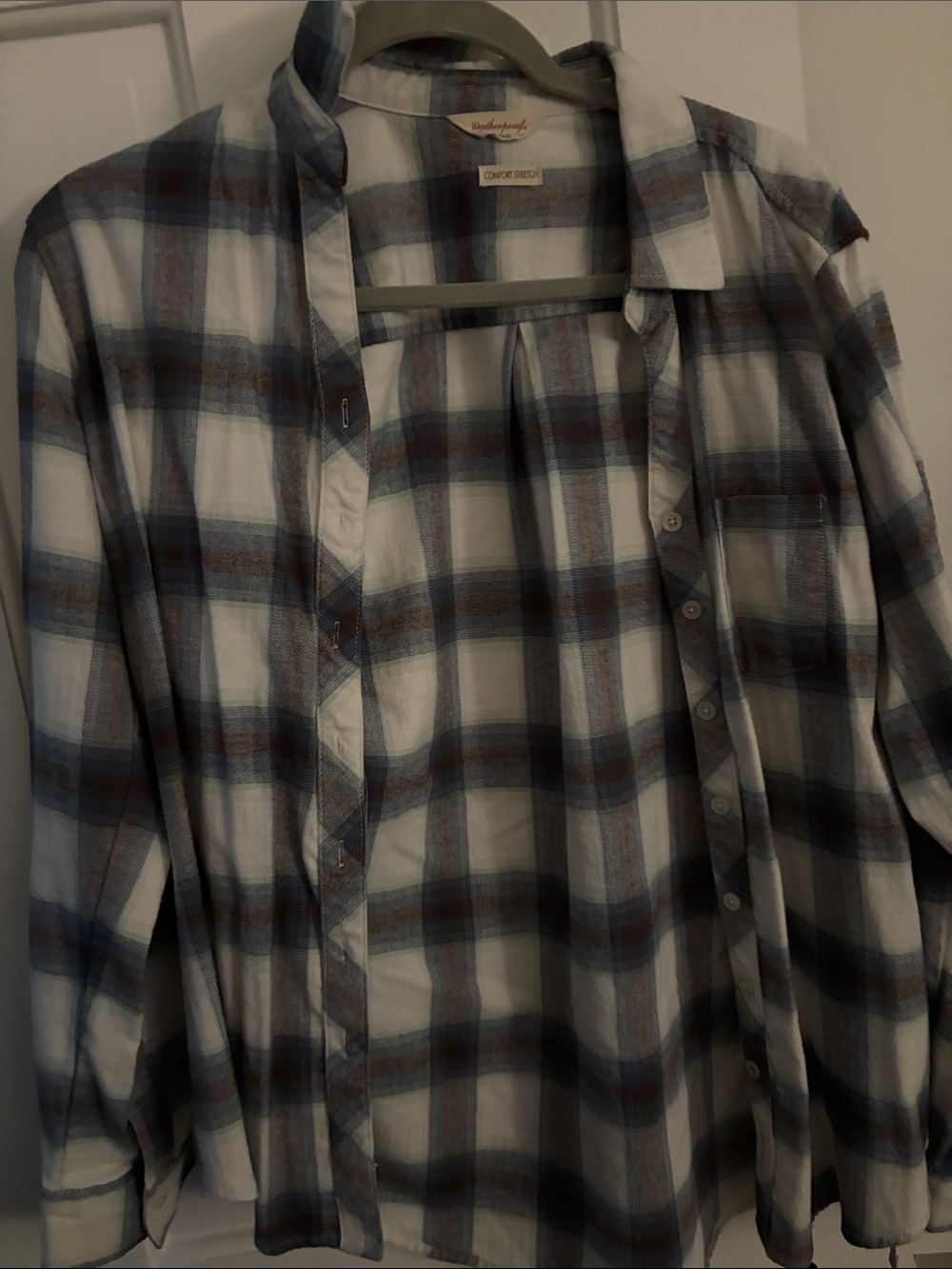 Soft Plaid Button-Down Shirt in Blue, Brown and White